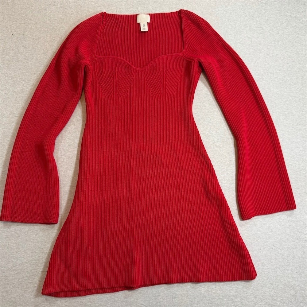 H&M Sweater Dress Womens Size M Red Ribbed Knit Bodycon Short Square Neck‎